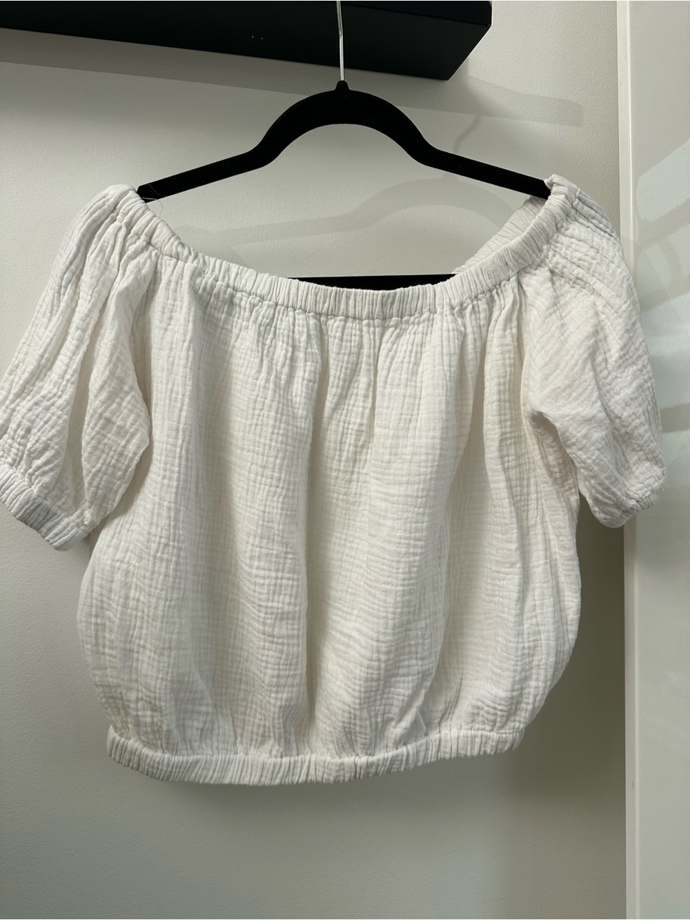 Coastal Romantic Cotton Gauze Off Shoulder Peasant Crop Top
